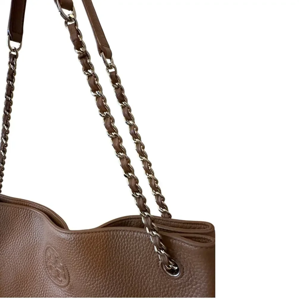 Tory Burch Pebbled Leather Chain Tote‎ Brown Camel Slouchy Bag